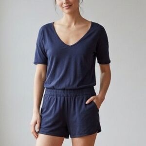 Theory Deep Blue Bodysuit Size S Pima Cotton Short Sleeve Minimalist Top